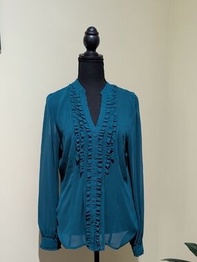 Worthington Teal Ruffle-Front V-Neck Blouse